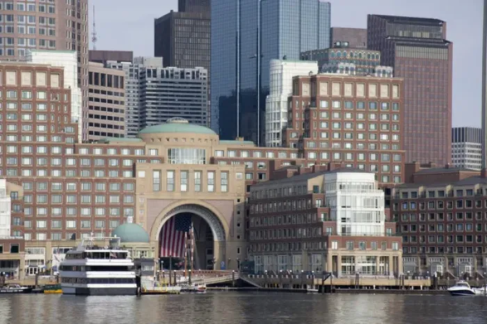 Framed Print : Massachusetts, Boston. Downtown city skyline and waterfront area view from Fan Pier Framed Print : Massachusetts, Boston. Downtown city skyline and waterfront area view from Fan Pier