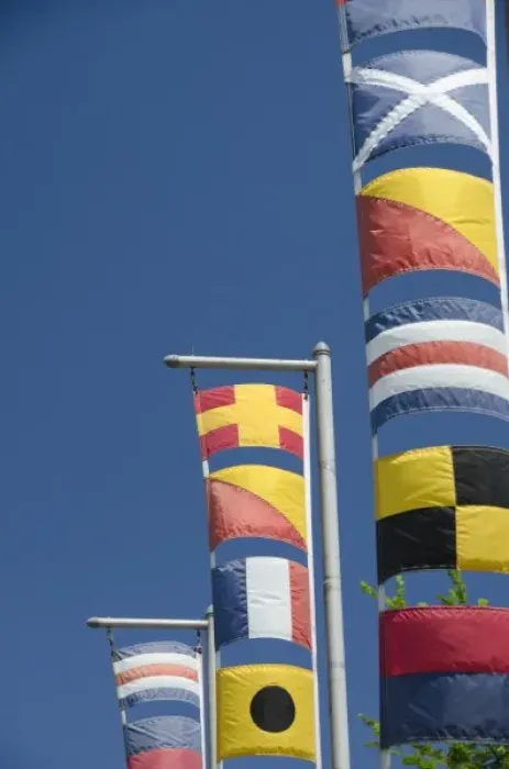 Framed Print : Massachusetts, New Bedford. Fishermans Wharf. Colorful nautical flags