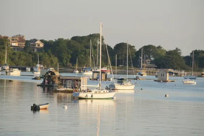 Framed Print : Massachusetts, Woods-Hole. Idyllic Woods-Hole harbor and houseboat