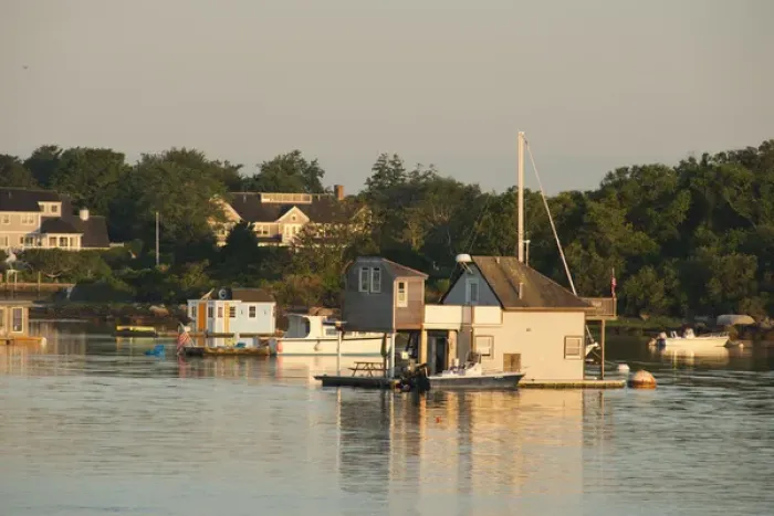 Framed Print : Massachusetts, Woods-Hole. Idyllic Woods-Hole harbor and houseboat Framed Print : Massachusetts, Woods-Hole. Idyllic Woods-Hole harbor and houseboat