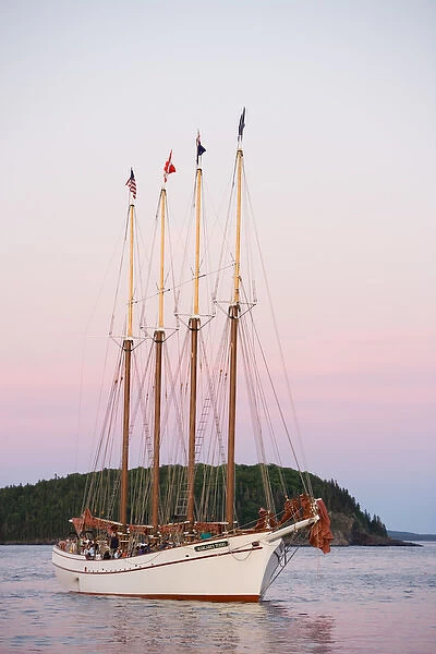 The four masted schooner, Margaret Todd, sets sail in Frenchman Bay. Bar Harbor, Maine