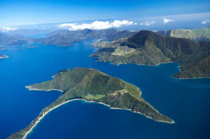 Framed Print : Maude Island, Marlborough Sounds, South Island, New Zealand - aerial