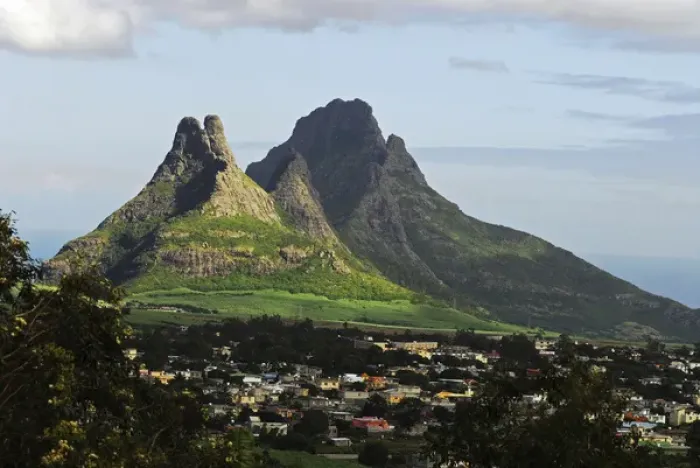 Framed Print : Mauritius, Floreal, houses in congestion with mountain peaks in the background against Framed Print : Mauritius, Floreal, houses in congestion with mountain peaks in the background against