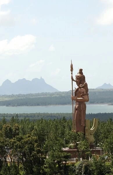 Mauritius, Ganga Talao, Grand Bassin. Hindu God Lord Shiva towers over the crater lake and temple