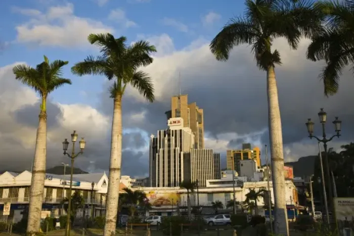 Framed Print : Mauritius, Port Louis, financial district, sunset