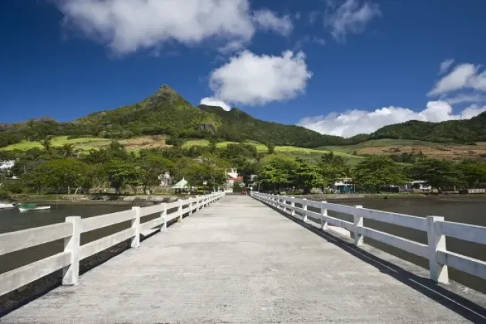 Framed Print : Mauritius, Southern Mauritius, Vieux Grand Port, town pier and Lion Mountain Framed Print : Mauritius, Southern Mauritius, Vieux Grand Port, town pier and Lion Mountain