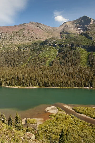Meadow, Mountain, and Avalanche path visible around Lake Josephine, Glacier National Park