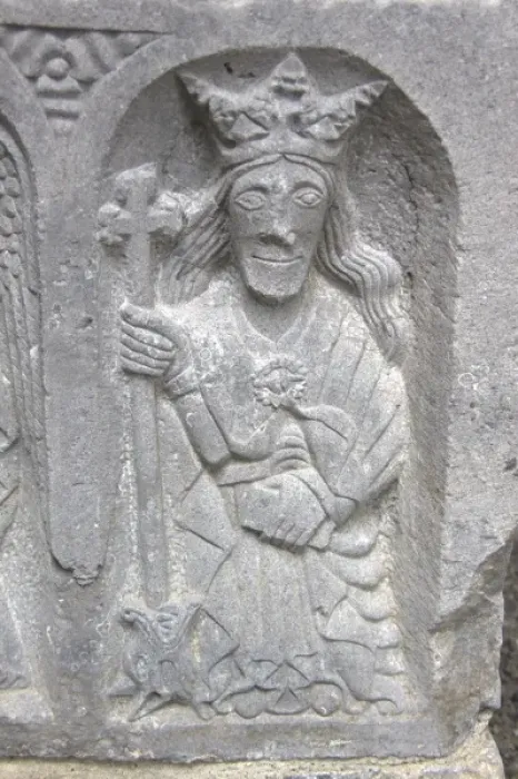 Framed Print : Medieval stone carving of St. Margaret at Jerpoint Abbey in Kilkenny, Ireland