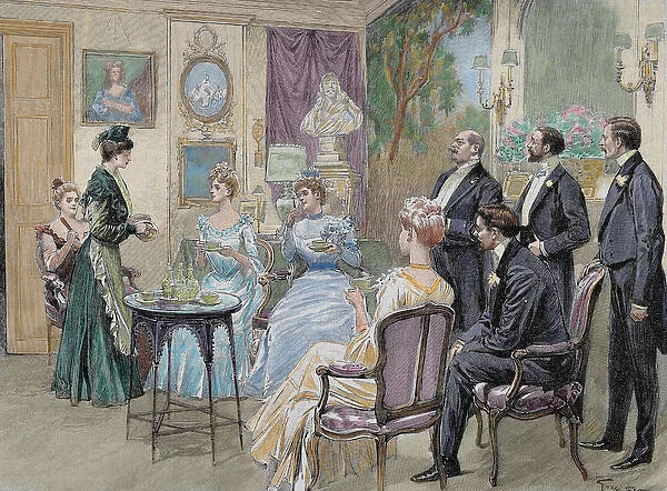 Meeting of aristocratic families in the living room. Colored engraving by George Scott