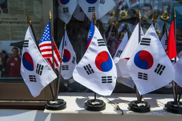 Framed Print : Memorial flags at the high security border between South and North Korea, Panmunjom Framed Print : Memorial flags at the high security border between South and North Korea, Panmunjom