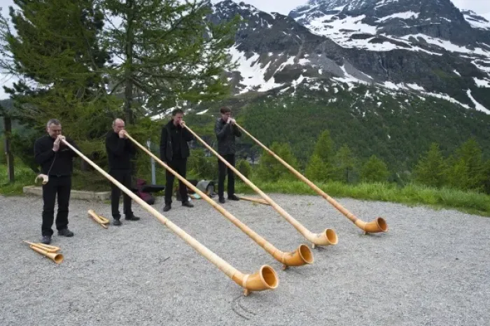 Framed Print : Men playing alpenhorn or alpine horn, Switzerland Framed Print : Men playing alpenhorn or alpine horn, Switzerland