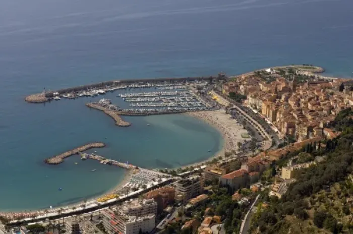 Framed Print : Menton, View from Helicopter, Cote d Azur, France