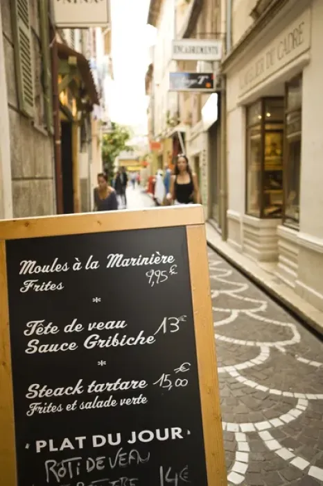 Framed Print : Menu sign on colorful street area of Antibes, France Framed Print : Menu sign on colorful street area of Antibes, France