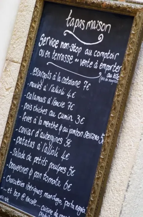 Framed Print : Menu with tapas. Collioure. Roussillon. France. Europe Framed Print : Menu with tapas. Collioure. Roussillon. France. Europe