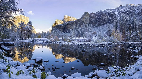 Merced River. Autumn first snow in Yosemite National Park, California, USA