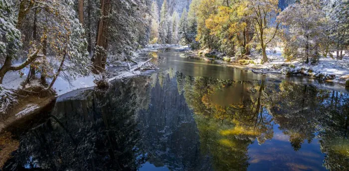 Framed Print : Merced River. Autumn first snow in Yosemite National Park, California, USA Framed Print : Merced River. Autumn first snow in Yosemite National Park, California, USA