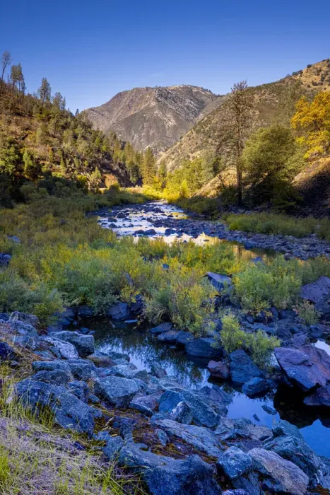 Framed Print : Merced River. Autumn first snow in Yosemite National Park, California, USA