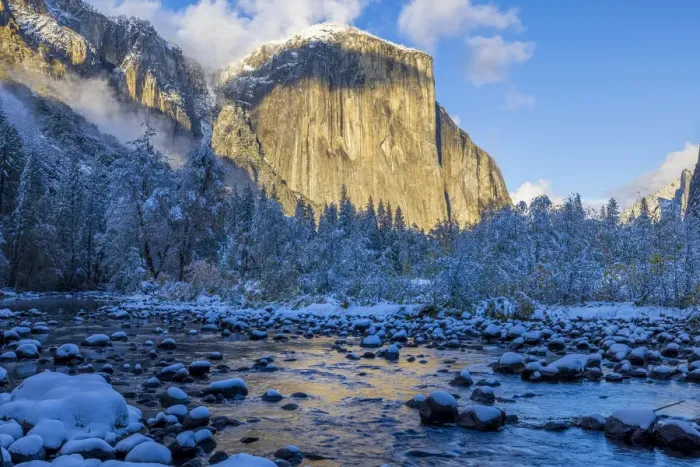 Framed Print : Merced River. Autumn first snow in Yosemite National Park, California, USA