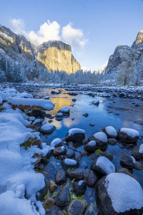 Framed Print : Merced River. Autumn first snow in Yosemite National Park, California, USA