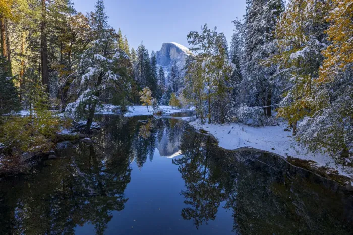 Framed Print : Merced River. Sentinel Bridge. Autumn first snow in Yosemite National Park, California Framed Print : Merced River. Sentinel Bridge. Autumn first snow in Yosemite National Park, California
