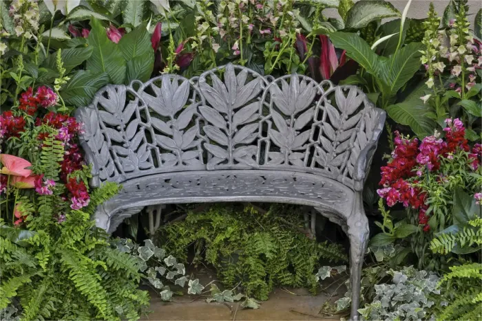 Framed Print : Metal bench in Longwood Garden Conservatory, Pennsylvania Framed Print : Metal bench in Longwood Garden Conservatory, Pennsylvania