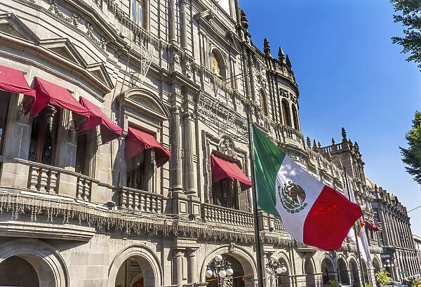 Mexican Flag Major Shopping Street Government Buildings Hotel Zocalo, Puebla, Mexico