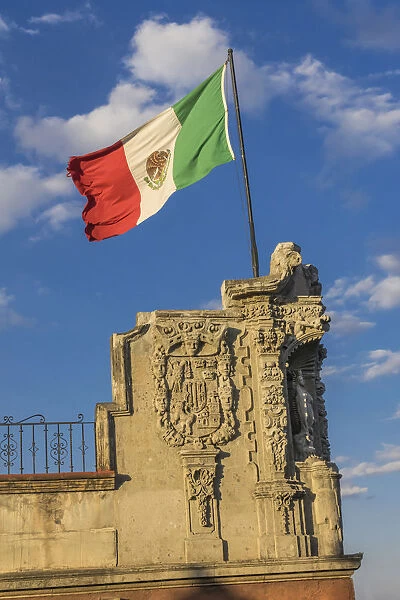 Mexican Flag and statues, Zocalo, Mexico City, Mexico