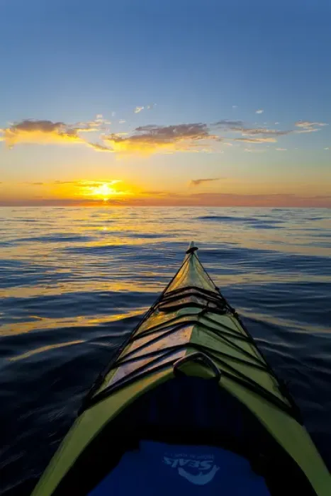 Framed Print : Mexico, Baja, Sea of Cortez. Bow of kayak and sunrise Framed Print : Mexico, Baja, Sea of Cortez. Bow of kayak and sunrise
