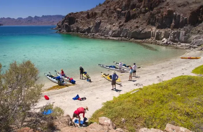 Framed Print : Mexico, Baja, Sea of Cortez. A sea kayaking rest stop at azure-colored Honeymoon Framed Print : Mexico, Baja, Sea of Cortez. A sea kayaking rest stop at azure-colored Honeymoon