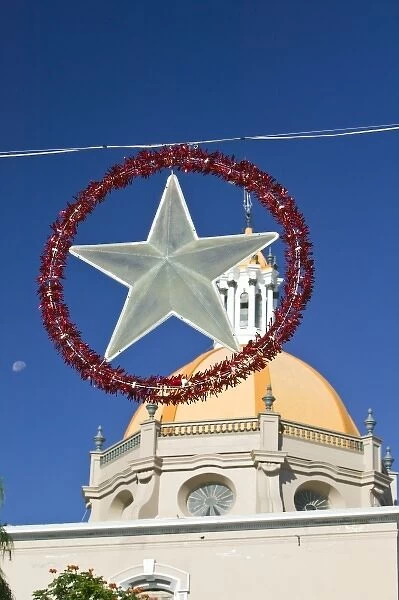 Mexico, Colima, Colima City. Cathedral and Holiday Decorations