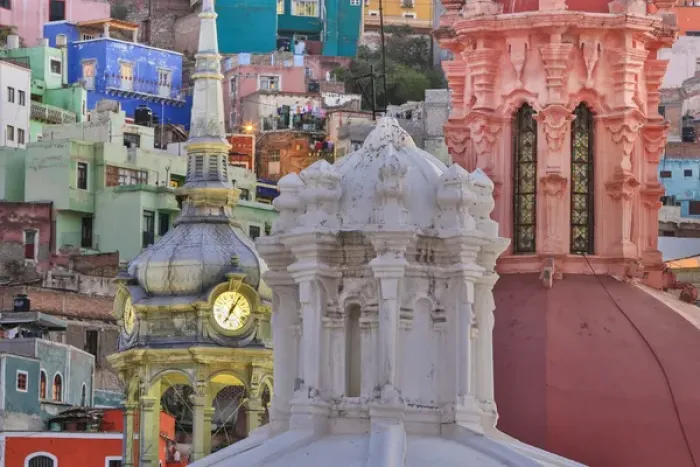 Framed Print : Mexico, Guanajuato. Colorful houses and church domes