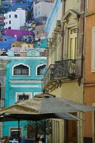 Mexico, Guanajuato. Densely packed assortment of multicolored buildings up a hillside