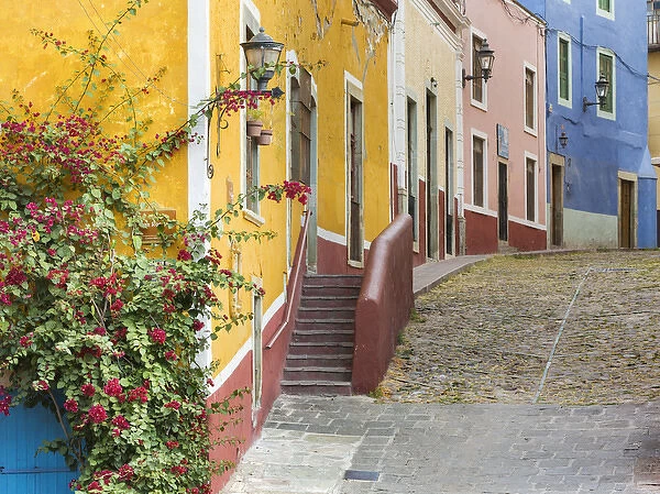 Mexico, Guanajuato. View of street and colorful buildings