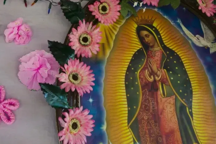 Framed Print : Mexico, Guerrero, Barra de Potosi. Detail of Small Virgin of Guadalupe shrine