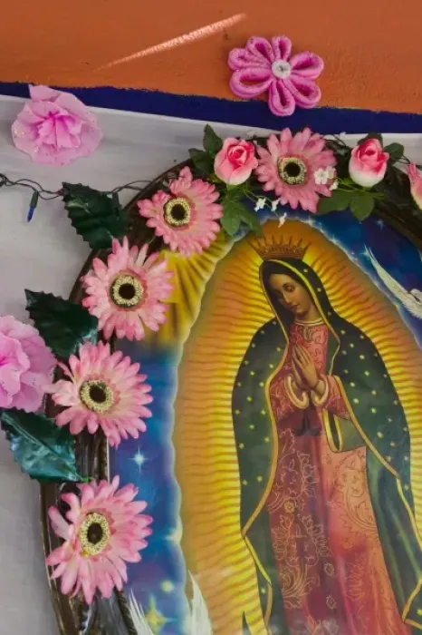 Framed Print : Mexico, Guerrero, Barra de Potosi. Detail of Small Virgin of Guadalupe shrine