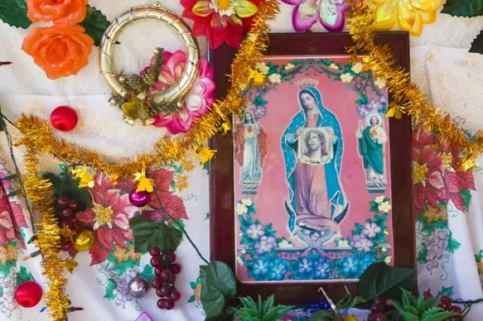 Framed Print : Mexico, Guerrero, Barra de Potosi. Detail of Small Virgin of Guadalupe shrine