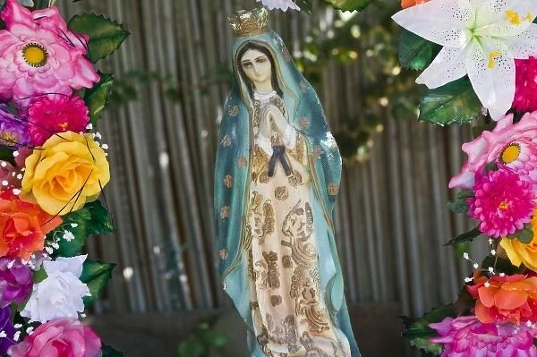 Mexico, Guerrero, Barra de Potosi. Detail of Small Virgin of Guadalupe shrine