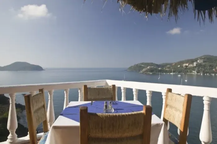 Framed Print : Mexico, Guerrero, Zihuatanejo. Cafe Table over Zihuatanejo Bay