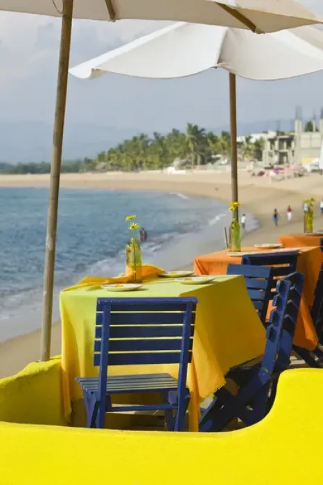 Framed Print : Mexico, Jalisco, Barra de Navidad. Cafe Tables on Town Beach