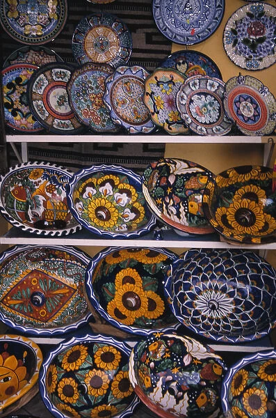 Mexico, Jalisco, Puerta Vallarta. Talevera pottery displayed for sale. Souvenir