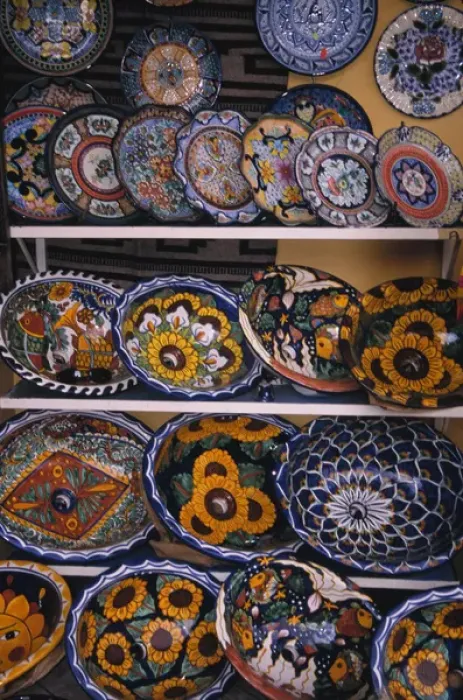 Framed Print : Mexico, Jalisco, Puerta Vallarta. Talevera pottery displayed for sale. Souvenir Framed Print : Mexico, Jalisco, Puerta Vallarta. Talevera pottery displayed for sale. Souvenir