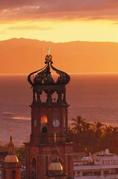Mexico, Jalisco, Puerto Vallarta. Church tower at sunset (Nuestra Senora de Guadalupe