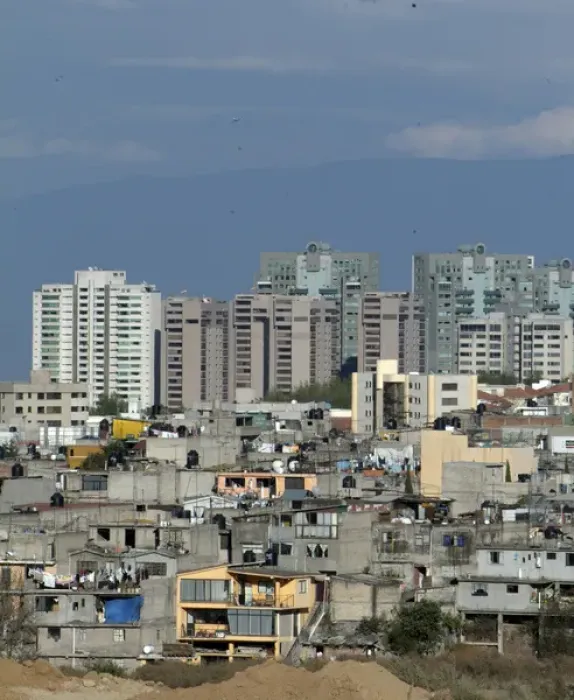 Framed Print : Mexico, Mexico City, Interlomas area towers over nearby shantytowns Framed Print : Mexico, Mexico City, Interlomas area towers over nearby shantytowns