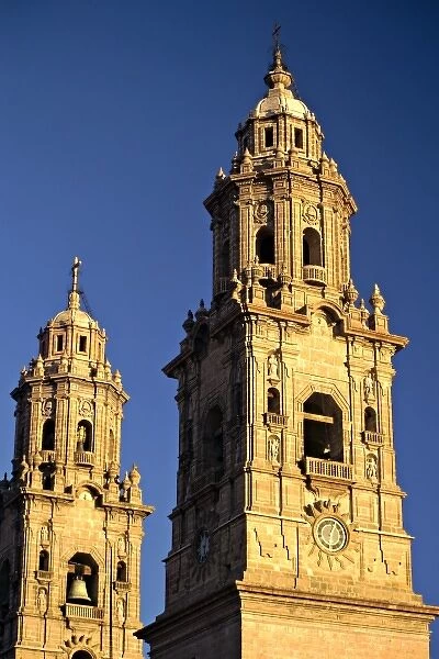 Mexico, Michoacan, Morelia. The 200 foot twin towers of the baroque style Cathedral