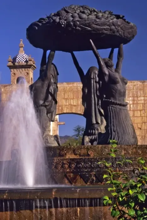 Framed Print : Mexico, Michoacan, Morelia. The Tarascan Fountain, featuring Tarascan women