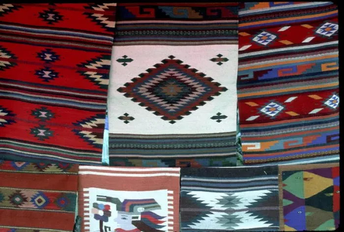 Framed Print : Mexico, Oaxaca. Hand woven blankets for sale in the market