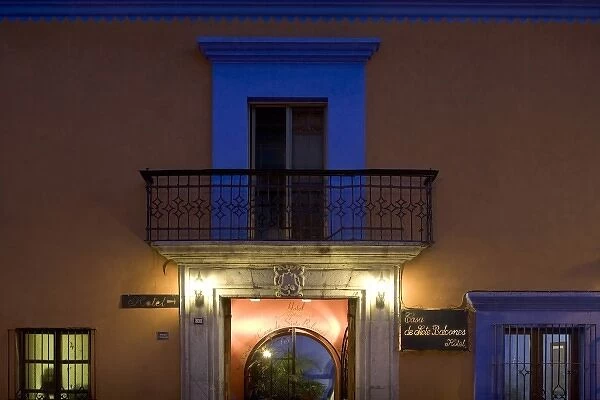 Mexico, Oaxaca, Restored colonial-era doorway and balcony of Casa de Siete Balcones