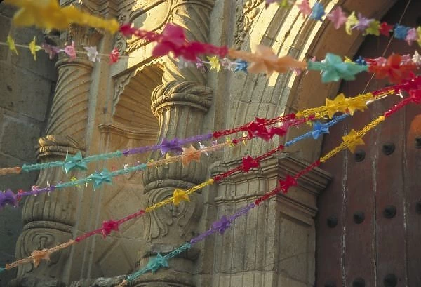 Mexico, Oaxaca, Templo de San Felipe de Neri decorated, garlands for Dia de la Revolucion