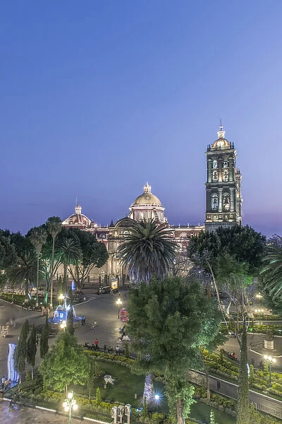 Mexico, Puebla, Zocolo and Puebla Cathedral at Twilight