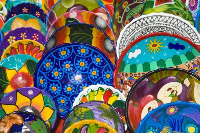 Framed Print : Mexico, Quintana Roo, near Cancun, Chichen-Itza, colorful ceramic pottery is sold